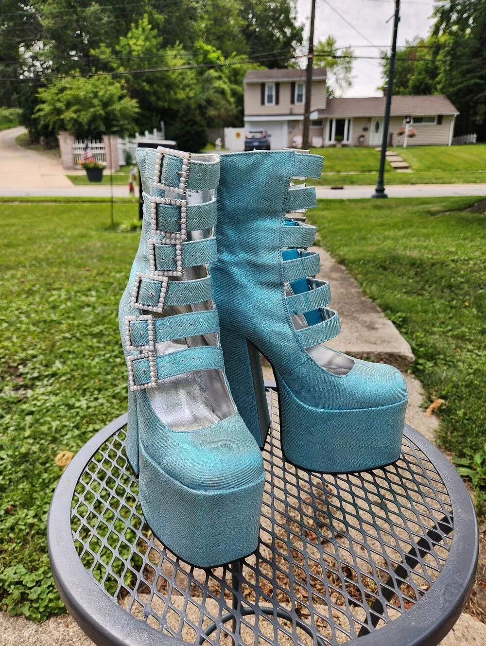 Blue Platform Strappy High Heel Pumps